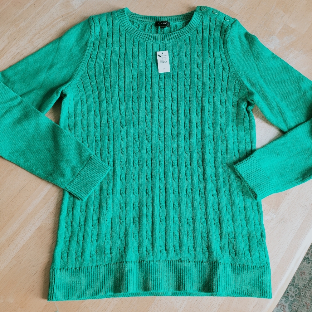 Talbots Green Crewneck Cable Button Detail Sweater New Size Medium - Picture 2 of 4